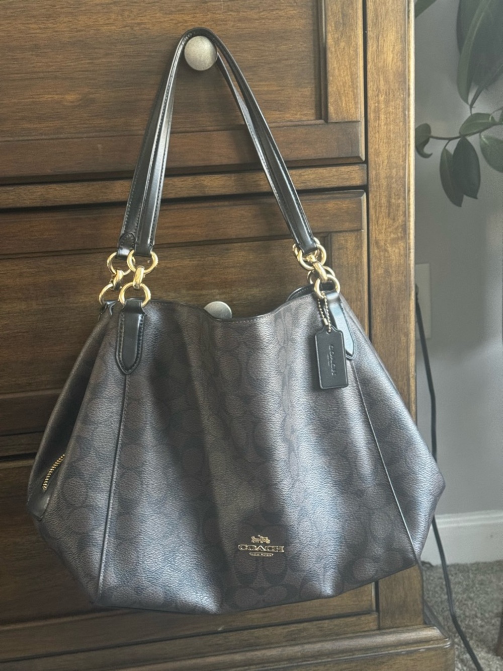 Coach Dark Brown Signature Shoulder Bag with Gold Hardware